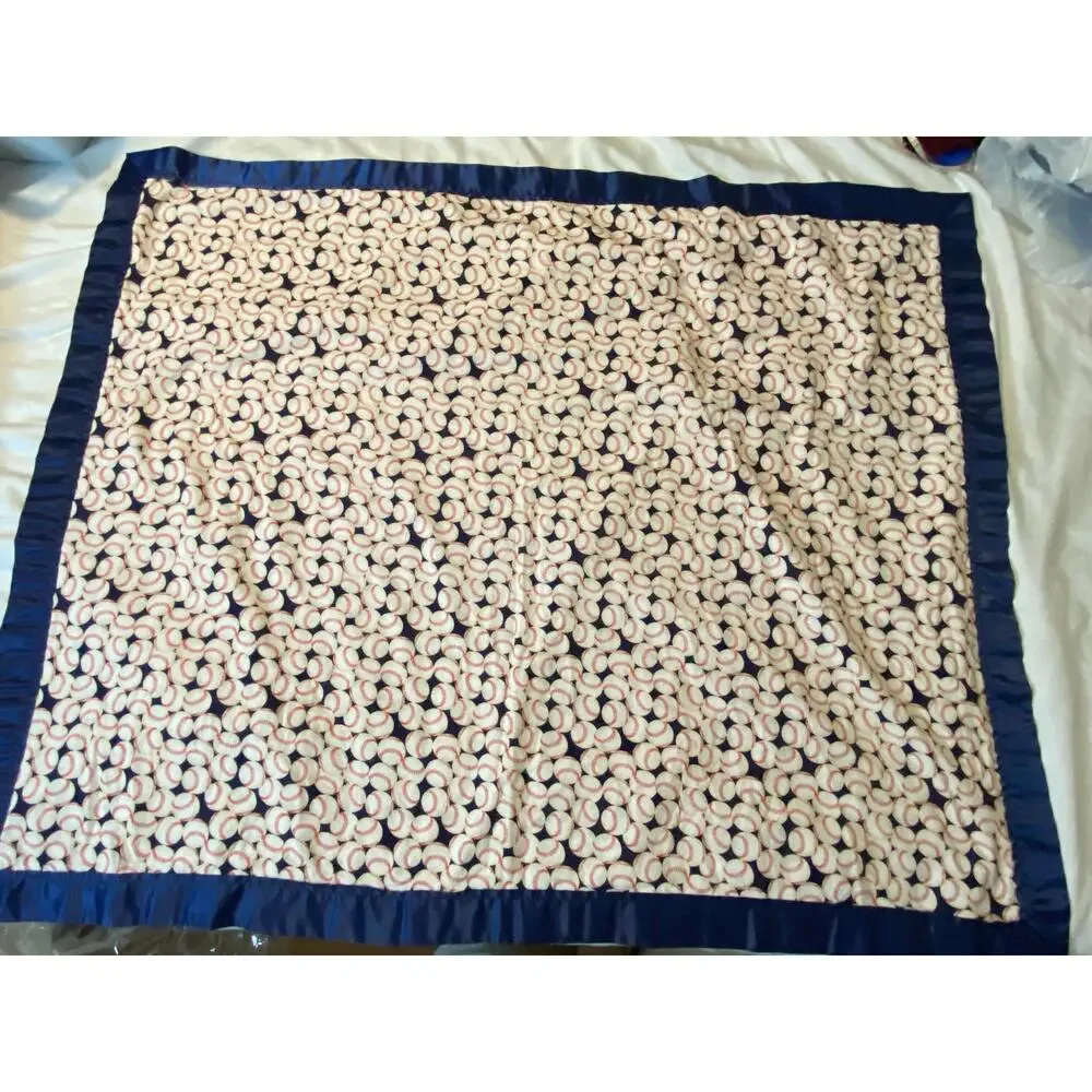 Handmade vintage Baseball baby blanket Blue‎ satin trim Baby boy 42x33
